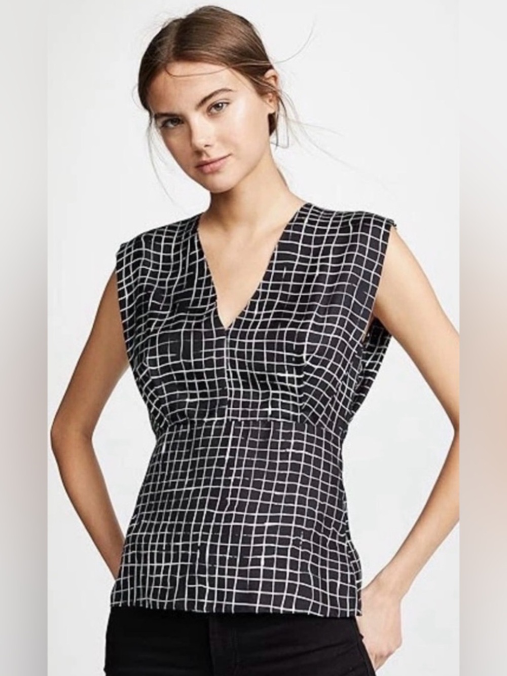 THEORY Kimono Check V-Neck Sleeveless Silk Blouse \\P (XS)